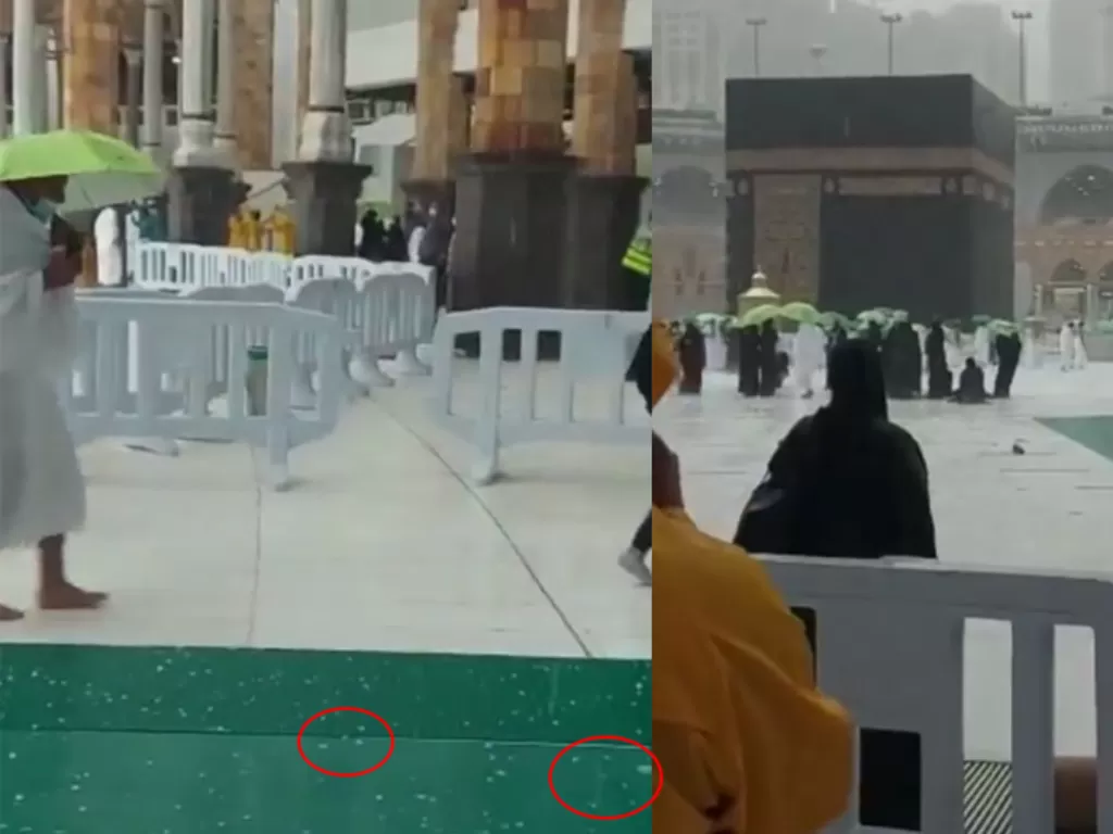 Hujan batu es di Mekkah, membuat jemaah umrah terganggu. (Instagram)