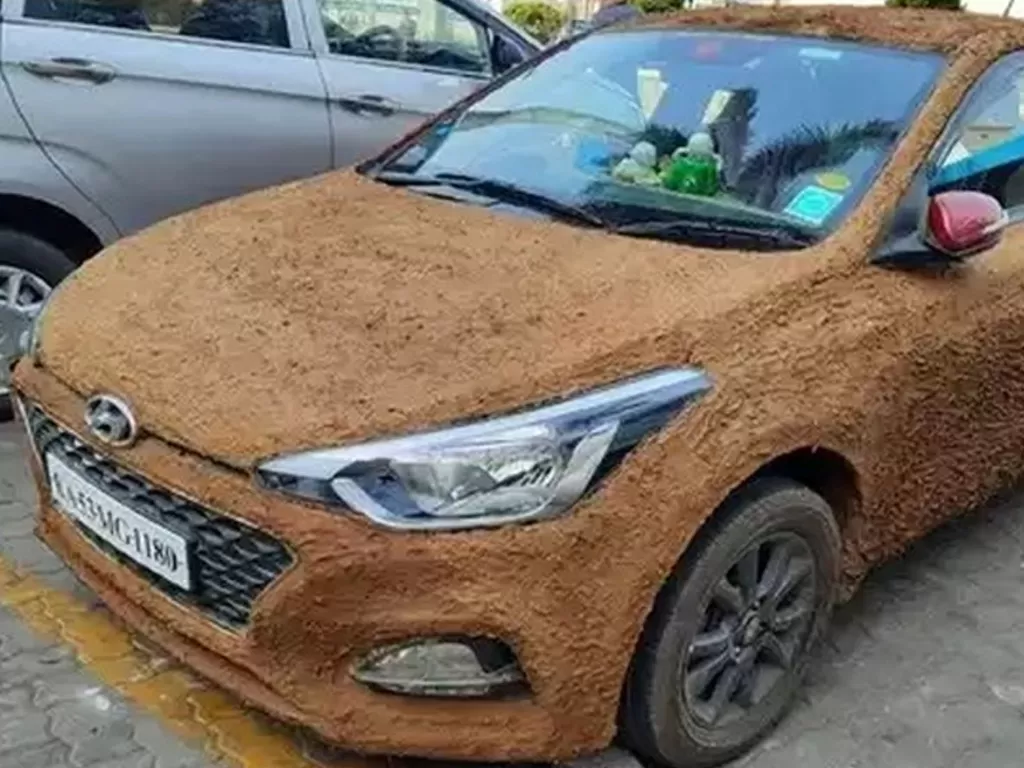Tampilan mobil Hyundai i20 Elite yang dibaluti kotoran sapi (photo/Cartoq)
