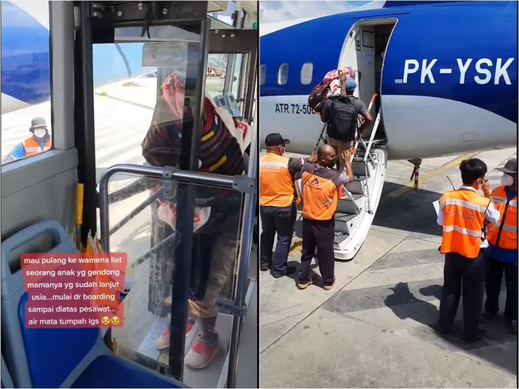 Cuplikan video viral anak gendong ibunya naik pesawat. (photo/TikTok)