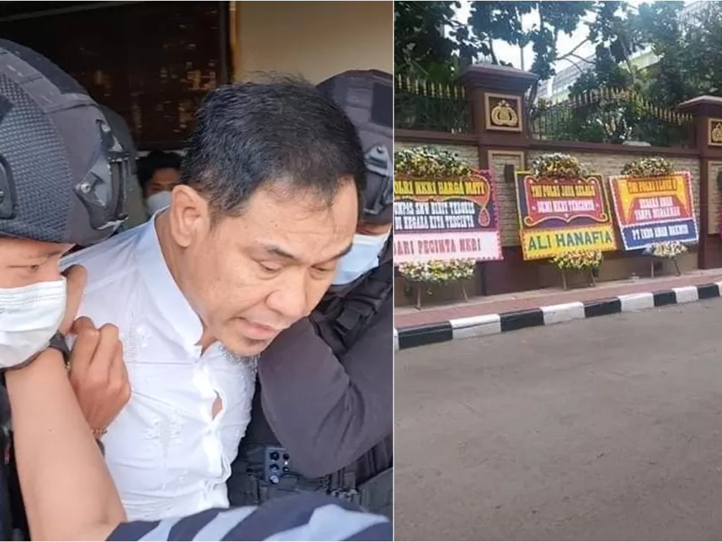 Kiri: Munarman ditangkap Densus 88 (Istimewa) / Kanan: Karangan bunga banjiri Mabes Polri (Twitter/@EmillyLuwita46)