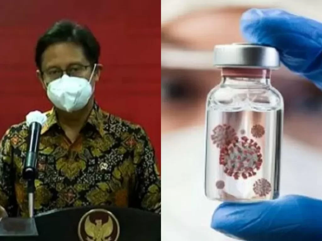 Kolase foto Menteri Kesehatan Budi Gunadi Sadikin dan ilustrasi virus corona (Antaranews)