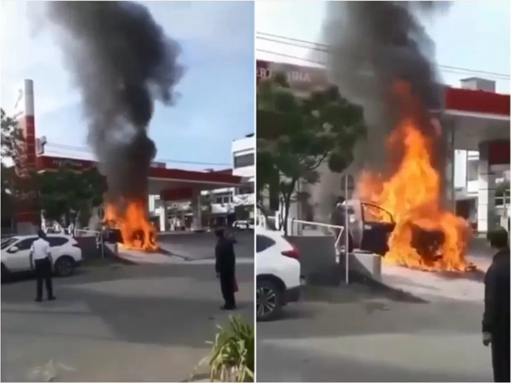 Mobil hangus terbakar di SPBU Pasar Sentral (Instagram/makasar_iinfo)