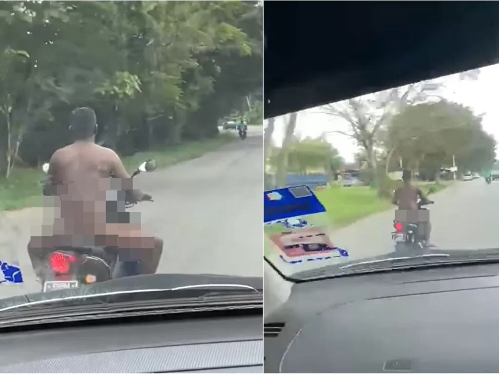 Viral, seorang pria mengendarai sepeda motor tanpa busana (Facebook/Info Roadblock JPJ/POLIS)