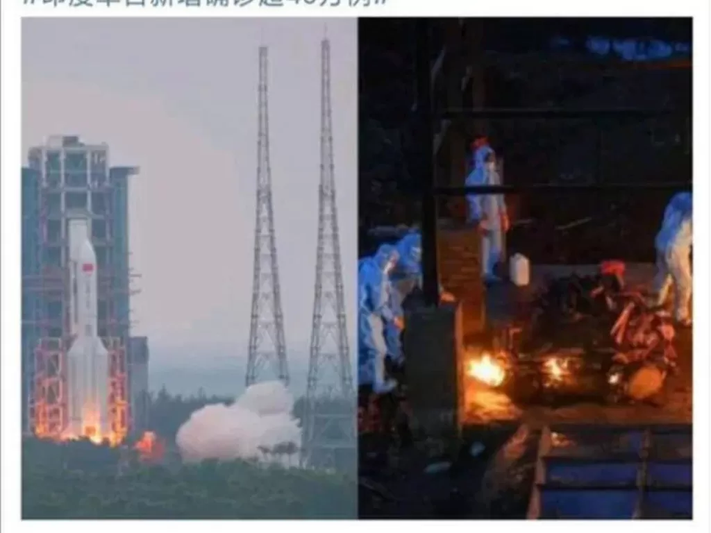 Foto yang membandingkan peluncuran roket di China dan krematorium di India (Twitter)