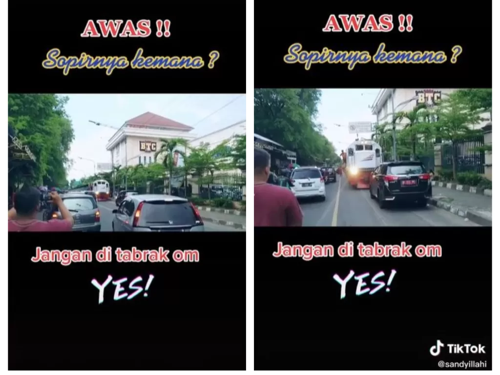 Viral mobil pelat merah halangi laju kereta di Solo, Jawa Tengah. (TikTok/@sandyillahi)