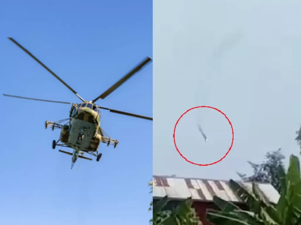 Kiri: ilustrasi helikopter militer. (Freepik), tangkapan layar video benda diduga helikopter jatuh di wilayah Myanmar. (REUTERS).