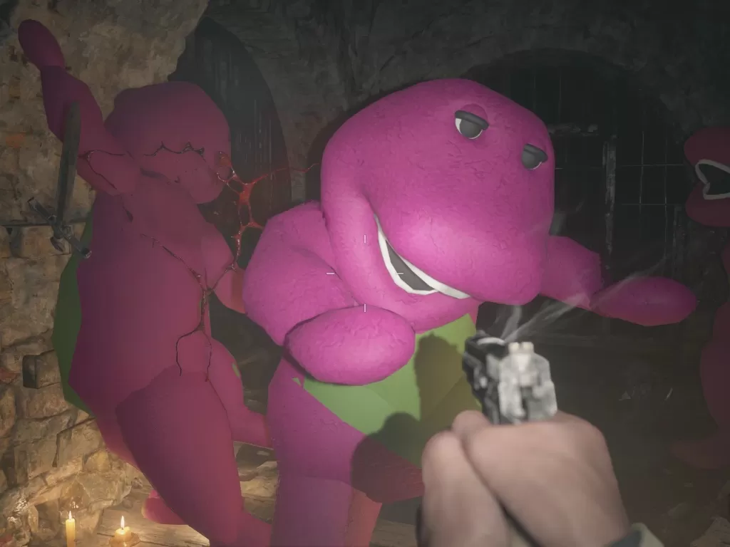 Tampilan mod Barney di Resident Evil Village di PC (photo/Twitter/@MarcosRCRE)