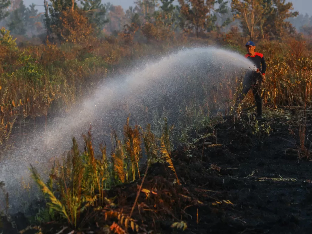 Petugas  melakukan proses pendinginan lahan gambut yang terbakar di wilayah Jalan Dulin Kandang, Palangkaraya, Kalimantan Tengah, Sabtu (24/4/2021). (ANTARA FOTO/Makna Zaezar)