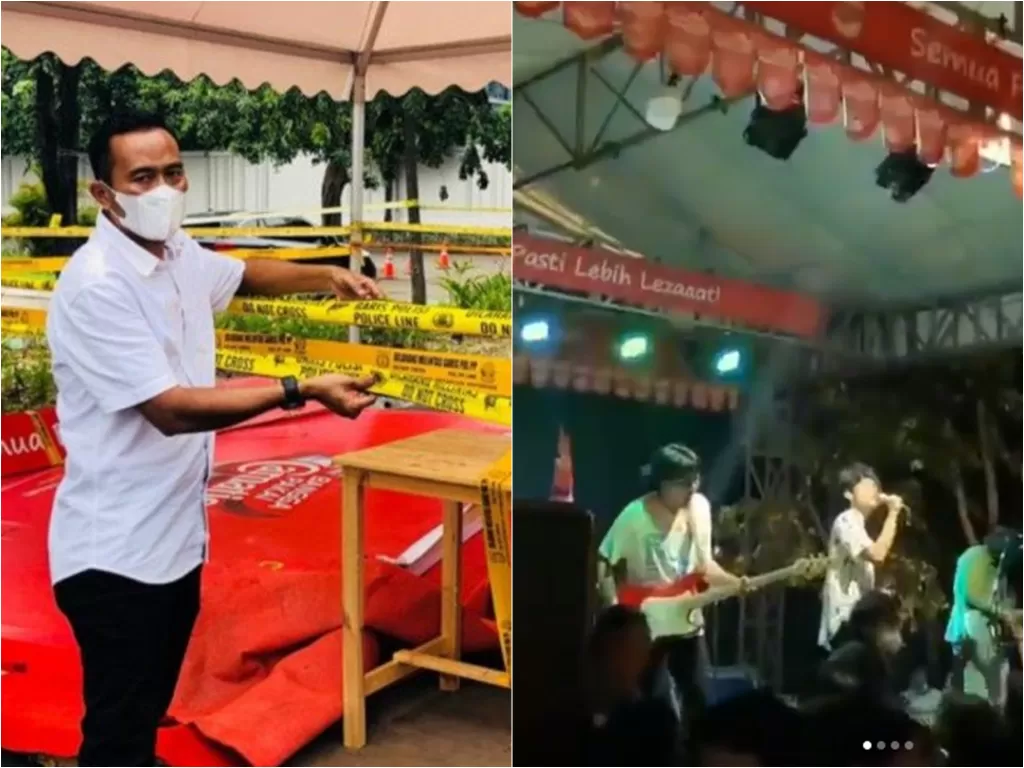  Polres Metro Jakarta Selatan memasang garis polisi di bazar UMKM yang didalamnya diadakan konser musik tanpa izin di Cibis Park, Pasar Minggu, Senin (3/5/2021). (ANTARA/HO-Polres Metro Jakarta Selatan)
