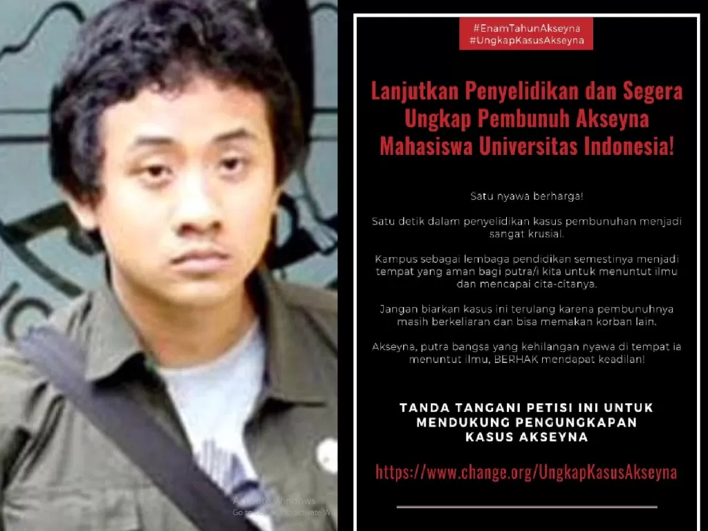 Kasus pembunuhan mahasiswa UI Akseyna Ahad Dori dibuat petisi. (Istimewa, Instagram/@peduliakseynaui).