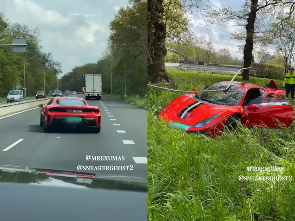 Mobil Ferrari 488 Pista yang alami kecelakaan di Belanda (photo/YouTube/mrexumas)