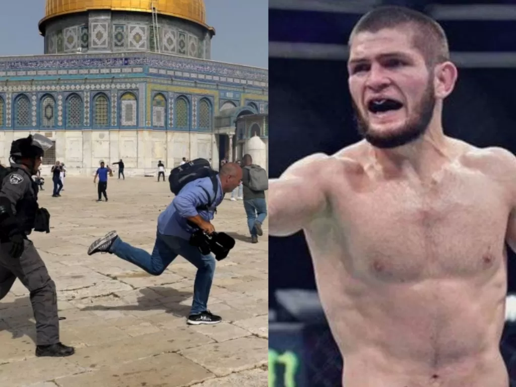 Kolase foto pasukan Zionis Israel saat serang warga Palestina serta Khabib Nurmagomedov (Reuters)