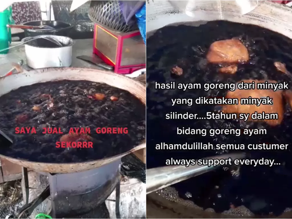 Ayam goreng dimasak dengan minyak hitam pekat (Tiktok/ adieyadieylla77)