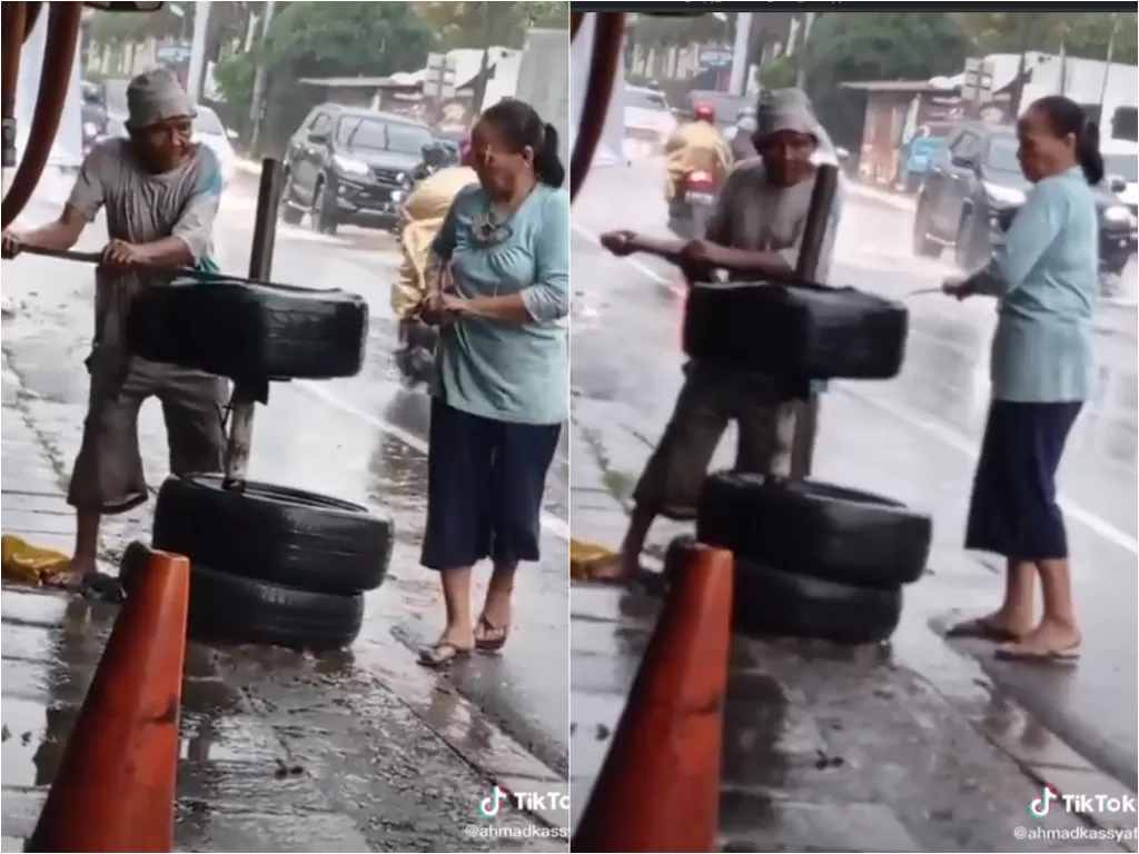 Cuplikan video viral pasutri yang giat bekerja meski hujan. (photo/TikTok)