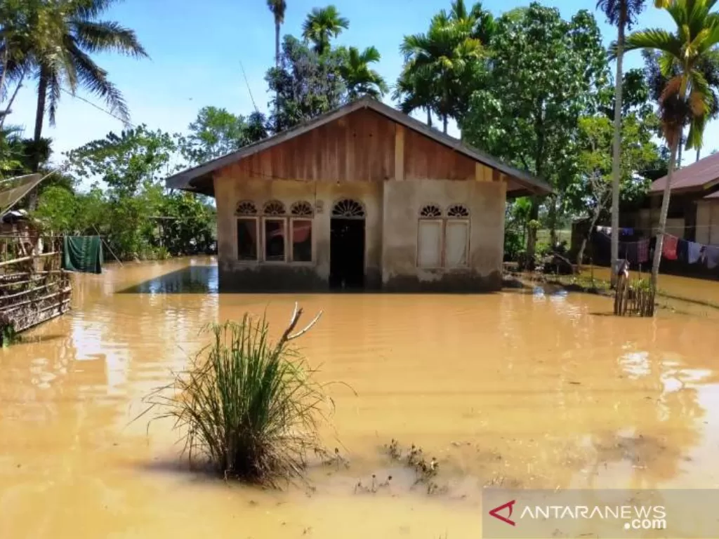 Banjir menggenangi rumah warga di Desa Blang Luah, Kecamatan Woyla Barat, Kabupaten Aceh Barat, Provinsi Aceh, Sabtu (15/5/2021). (ANTARA/HO BPBD Aceh Barat)