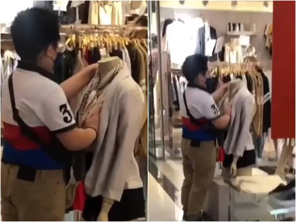 Pria mesum terekam kamera amatir sedang meraba dan mengelus payudara patung di depan toko (Instagram/tkp_pontianak)