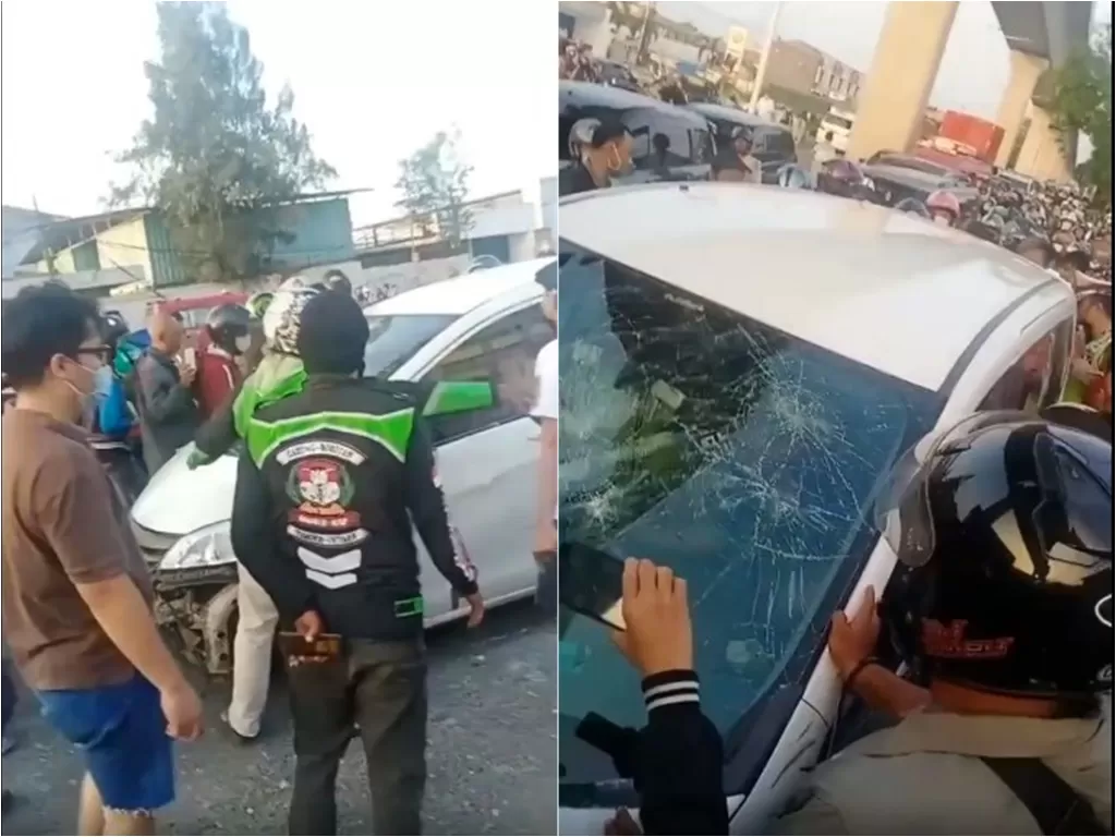 Mobil pelaku tabrak lari diamuk massa saat hendak kabur usai menabrak 8 korban di Jaktim (Instagram/andreli48)