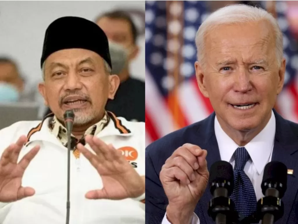 (Kiri) Ahmad Syaikhu (Antara), (Kanan) Presiden Joe Biden. (REUTERS/Jonathan Ernst)