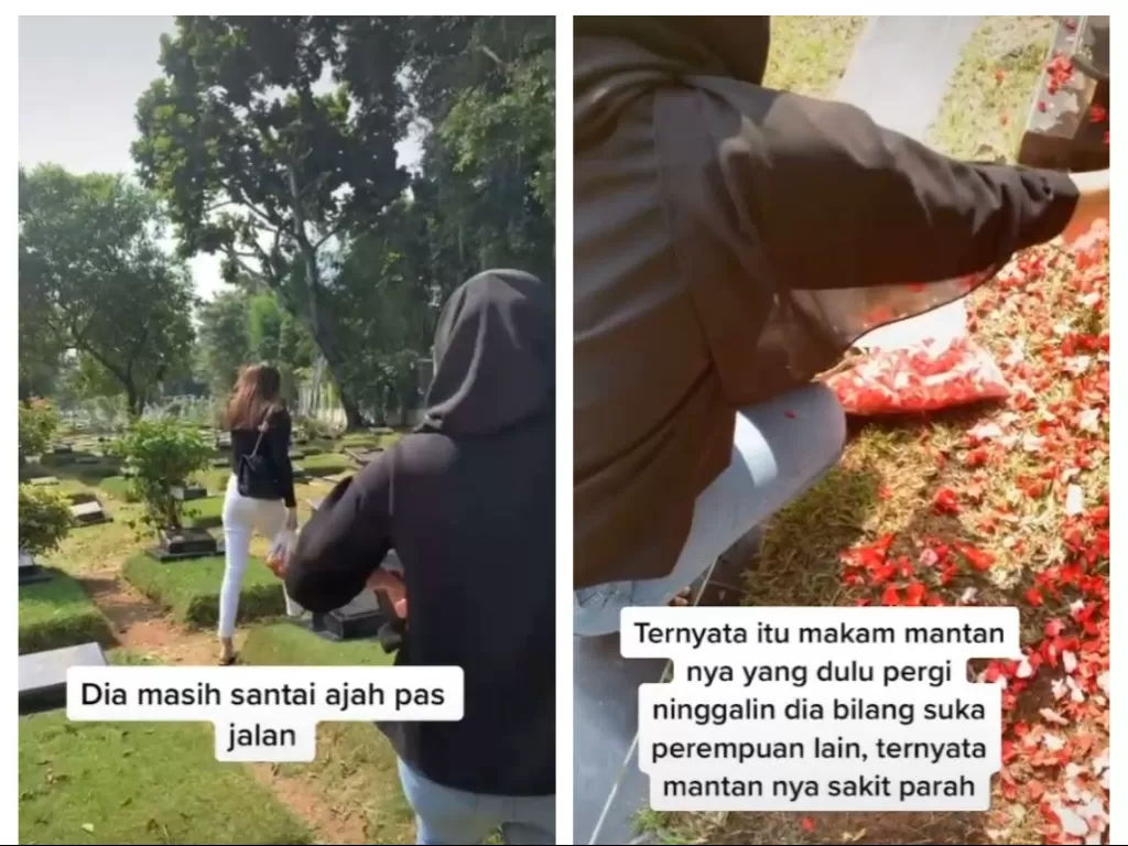 Viral wanita terdiam di depan makam mantan pacar, tak tahu kalau pacar sakit parah. (TikTok/@raymondtopes)