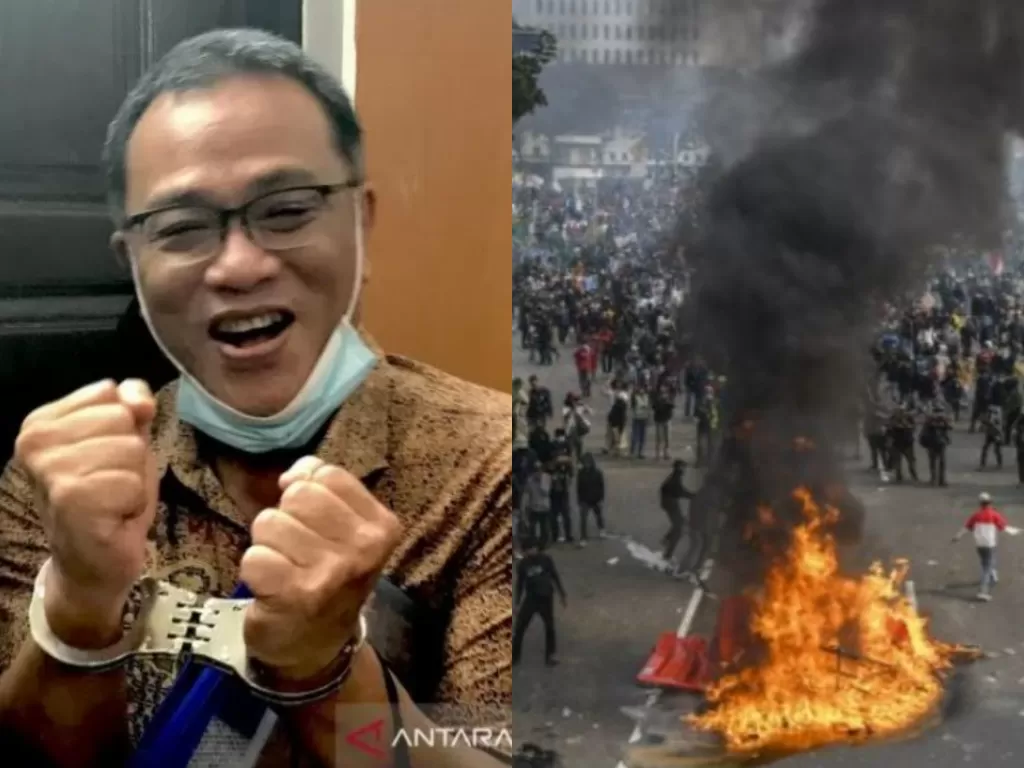 Kolase foto Jumhur Hidayat dan aksi demo penolakan Omnibus Law Cipta Kerja (Antaranews)