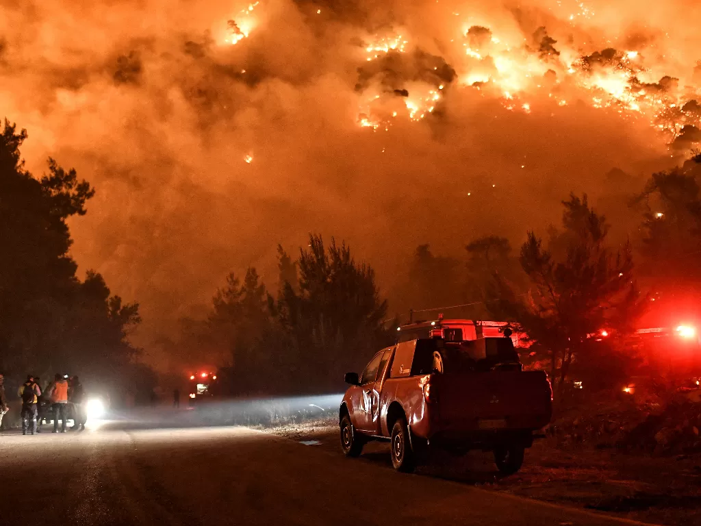 Api membumbung saat petugas pemadam kebakaran dan sukarelawan mencoba memadamkan api yang berkobar di desa Schinos (REUTERS/Vassilis Psomas)