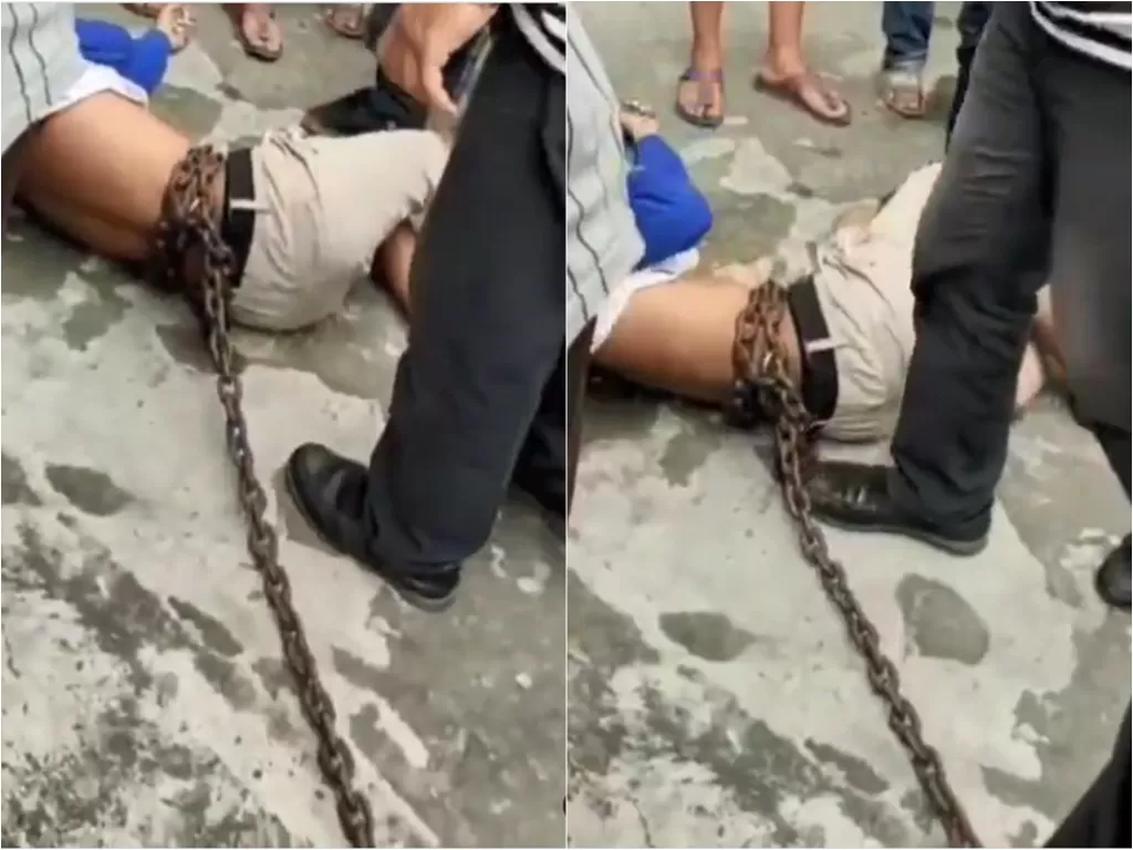 Pria pencuri jemuran dirantai warga usai terciduk saat beraksi di Medan Timur (Instagram/okesumut)