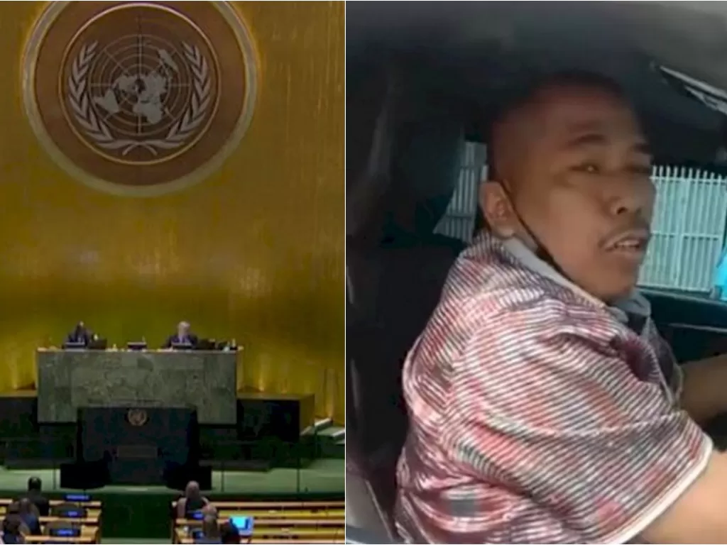 Kiri: Sidang umum resolusi PBB. (Foto/United Nation) / Kanan: Viral Mobil Perplat Dinas Polri Distop Petugas. (Foto: Tangkapan Layar Twitter @TMCPoldaMetro)