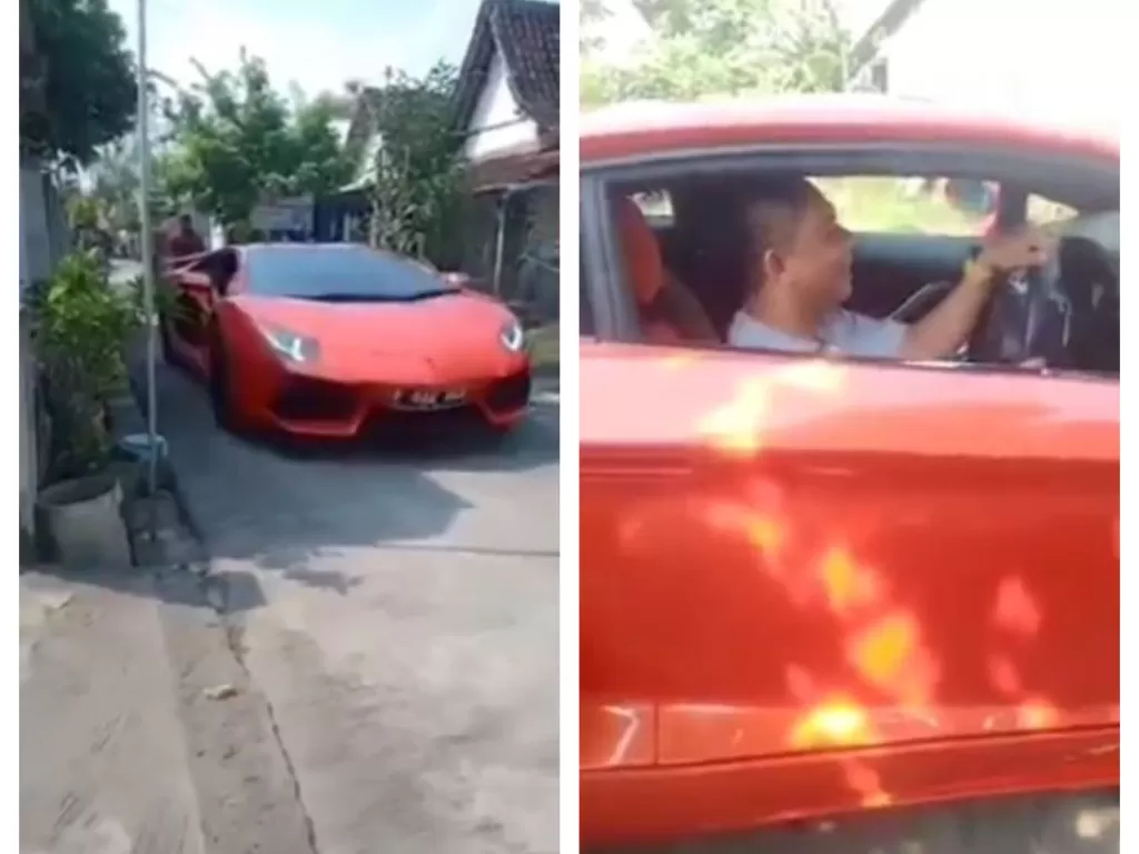 Viral pria pulang kampung naik mobil sport mewah mirip Lamborghini direkam tetangga. (Instagram/@ndorobeii)