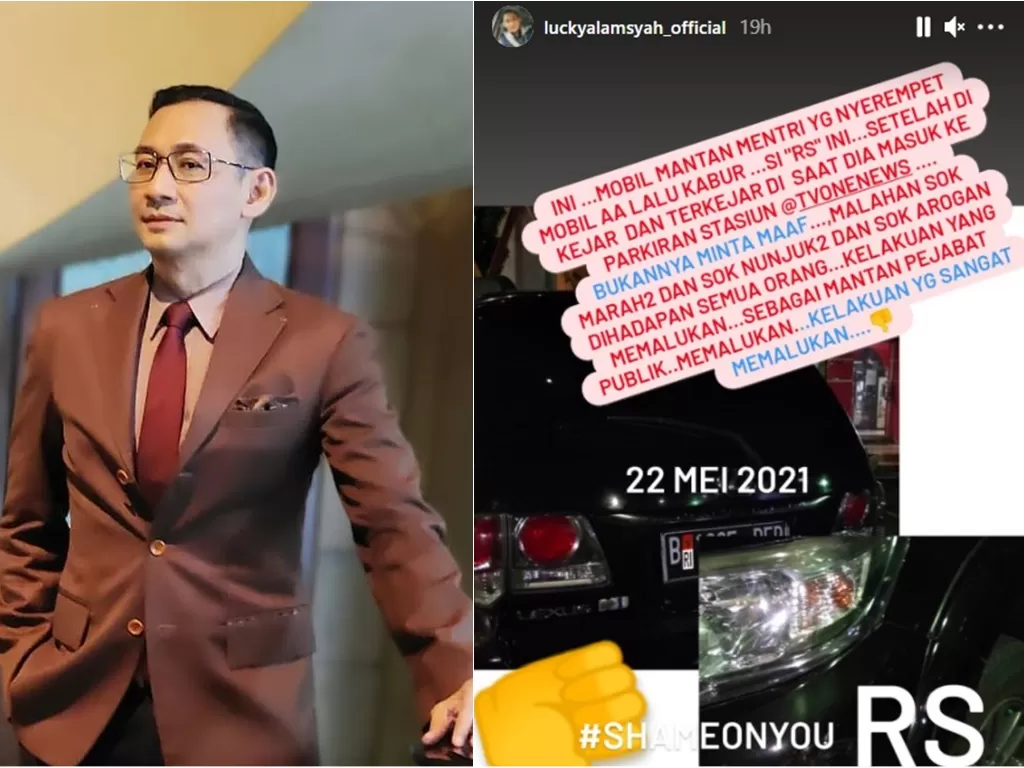 Curhat Lucky Alamsyah yang mobilnya ditabrak pejabat berinisial RS. (Instagram/@luckyalamsyah_official)