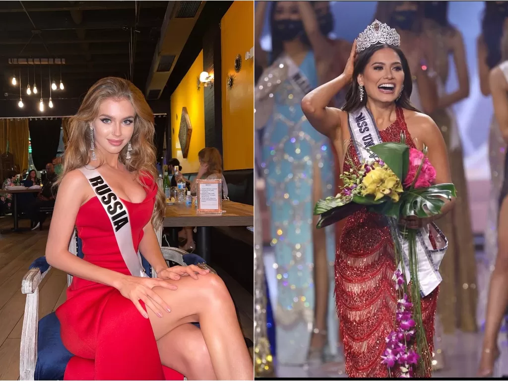 Andrea Meza pemenang Miss Universe (kanan), Miss Rusia (kiri). (Instagram/@ms.alinasanko/@andreamezamx)