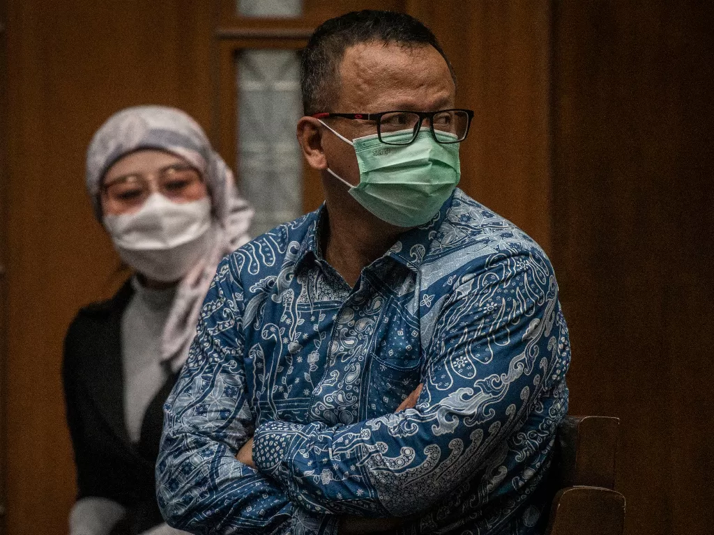 Terdakwa kasus dugaan suap izin ekspor benih lobster tahun 2020 Edhy Prabowo mengikuti sidang lanjutan di Pengadilan Tipikor, Jakarta, Selasa (25/5/2021).  (photo/ANTARA FOTO/Aprillio Akbar)