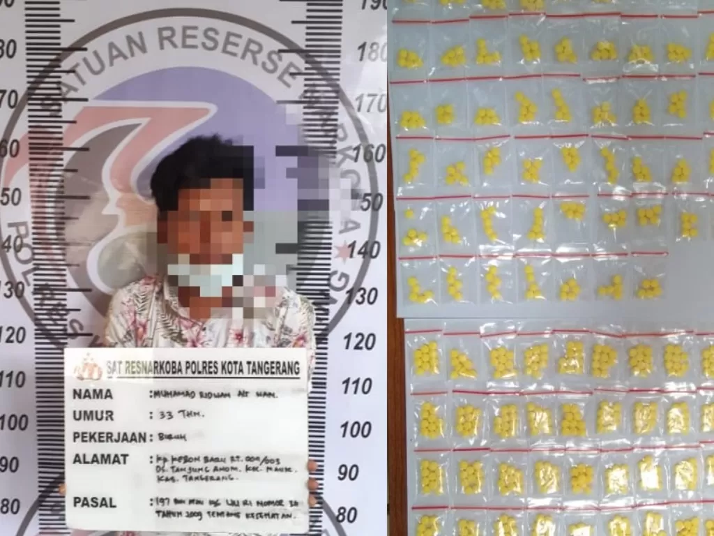 Tersangka dan barang bukti Tramadol yang diamankan polisi. (Foto: dok Humas Polda Banten)