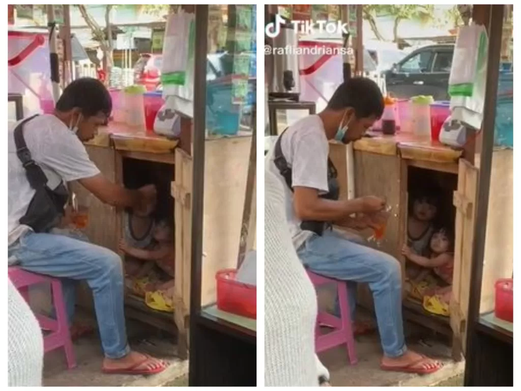 Viral pedagang es bawa kedua anaknya yang masih kecil jualan es di pinggir jalan. (TikTok/@rafliandriansa)