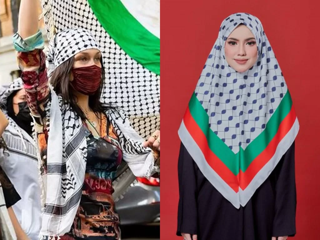 Bella Hadid dan produk Hijab yang memberikan dukungan terhadap Palestina. (Photo/Instagram/@muhammadhadid)