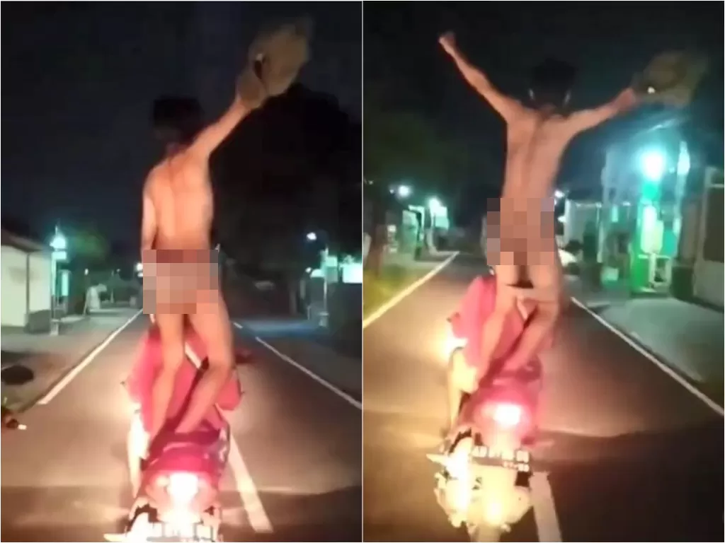 Pria bugil berdiri di atas motor saat konvoi (Instagram/merapi_uncover)