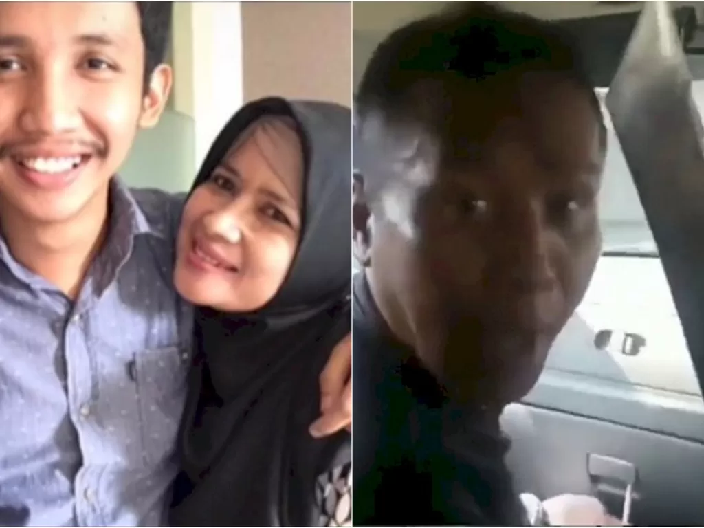 Kiri: Nurul Hidayati bersama putrinya dan berondongnya yang berumur 27 tahun. (TikTok @nurulhidayati6954) / Kanan: Anggota ormas PP mengacungkan senjata tajam. (Ist)