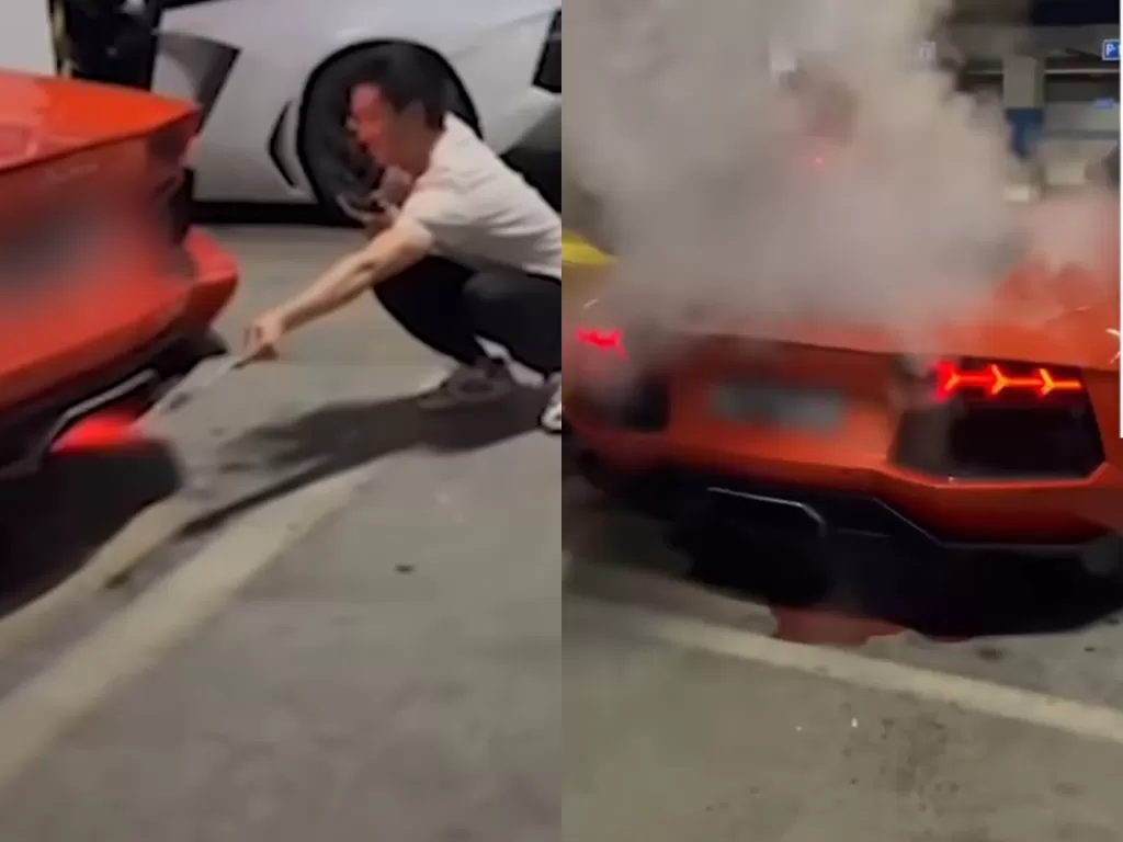 Mesin Lamborghini ini berasap setelah knalpot jadi alat pembakar daging. (Photo/YouTube)