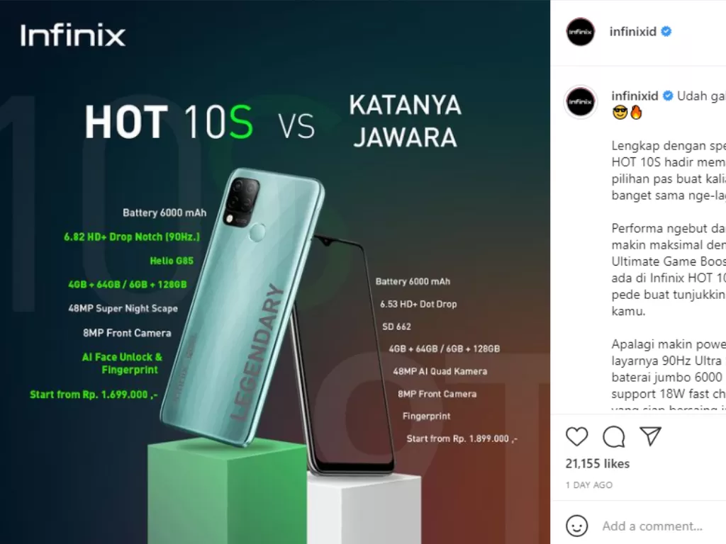 Postingan Instagram Infinix yang berisi iklan perbandingan Infinix Hot 10S vs Katanya Jawara (photo/Instagram/@infinixid)