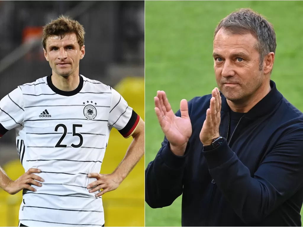 Thomas Muller, gelandang Jerman dan Bayern Munich (kiri), Hansi Flick, eks pelatih Bayern Munich dan manajer baru timnas Jerman (kanan). (REUTERS/ANGELIKA WARMUTH/ SVEN HOPPE)