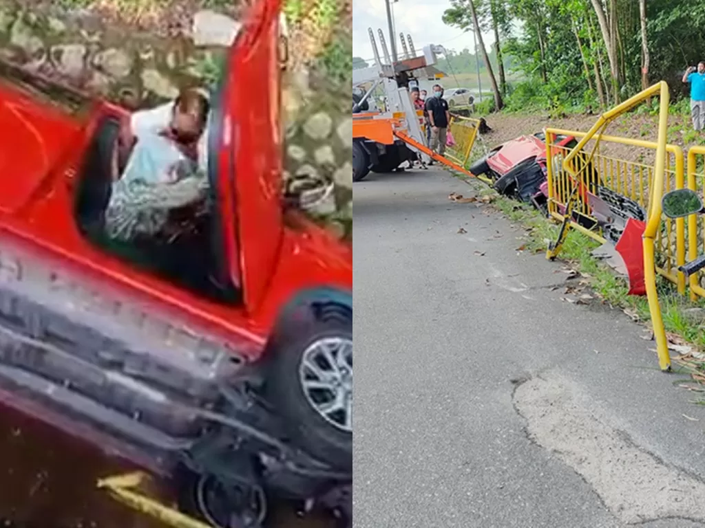 Video warga membantu seorang wanita yang mobilnya masuk ke selokan. (Photo/Facebook)
