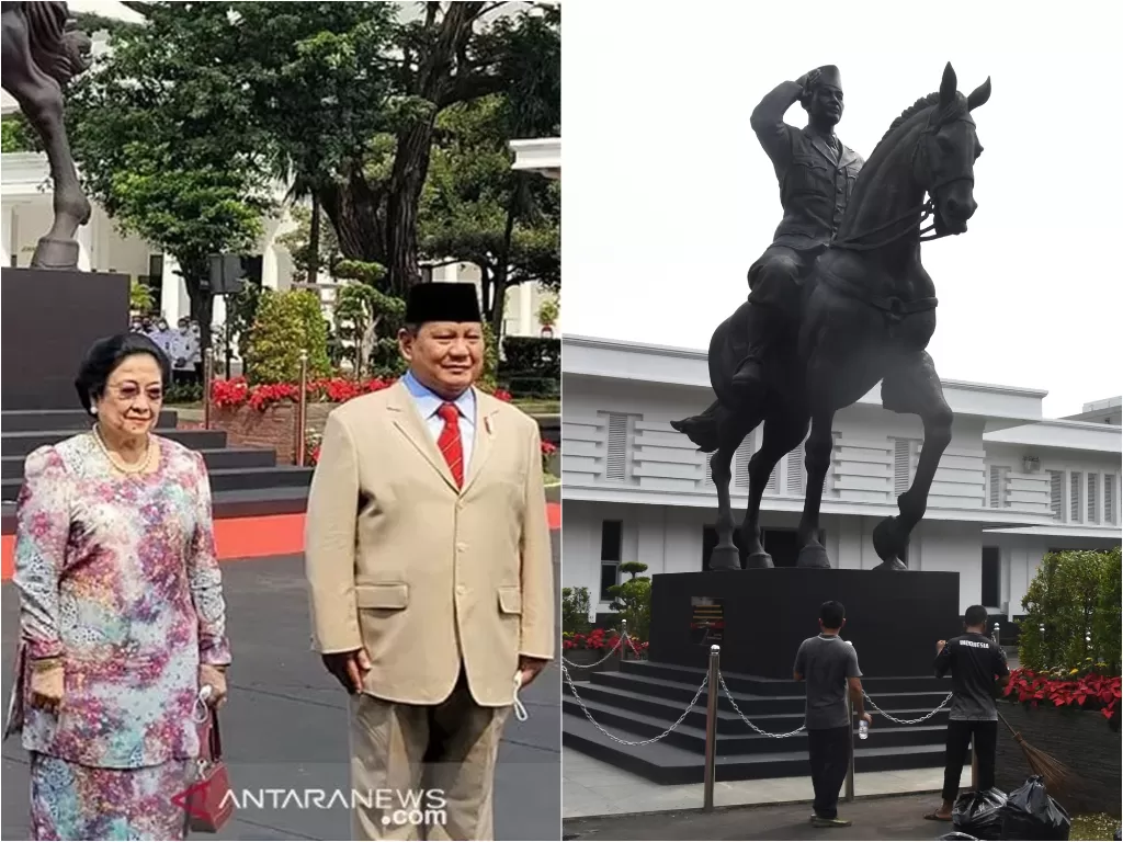 Megawati bersama Prabowo saat mengresmikan Patung Bung Karno menunggang kuda berdiri di depan area kompleks kantor Kementerian Pertahanan, Medan Merdeka Barat, Jakarta, Minggu (6/6/2021). (photo/HO-DPP PDIP/ANTARA FOTO/Indrianto Eko Suwarso)