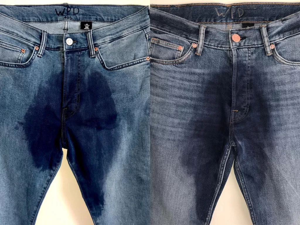 Tampilan celana ngompol yang viral. (photo/Instagram/@wetpantsdenim)