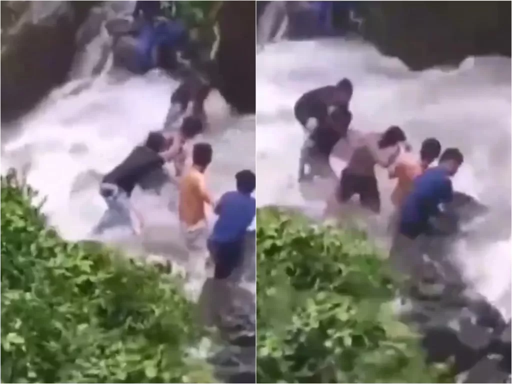 Sekelompok pemuda selamatkan temannya yang nyaris hanyut terbawa arus sungai (Instagram/fakta.indo)