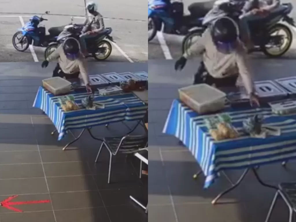 Seorang pengedara motor mencuri barang penjual makanan. (Photo/Facebook/AK Seven)