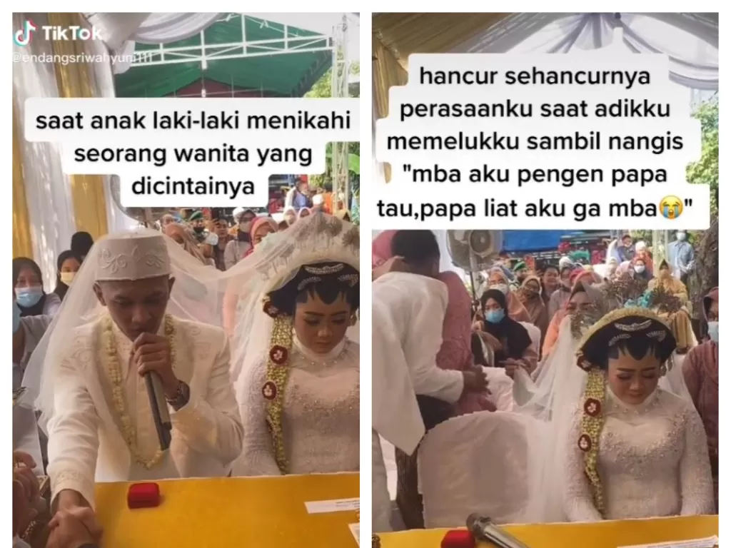 Viral video pria menangis haru usai sah menikahi pujaan hati, teringat sosok ayah yang sudah meninggal dunia. (TikTok/@endangsriwahyuni111)