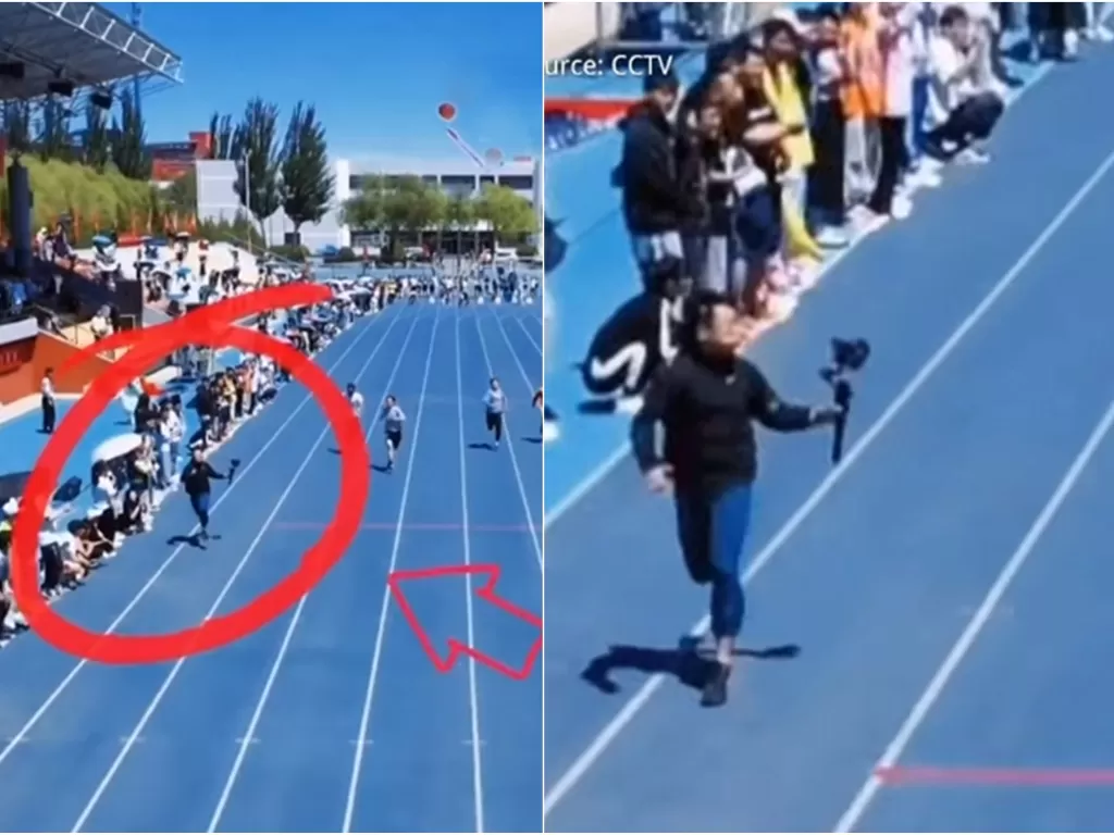 Viral kameramen yang mengambil momen pelari dengan berlari sambil bawa kamera. (YouTube/South China Morning Post)