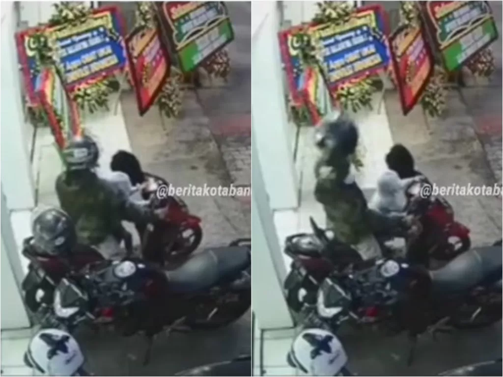 Pemotor terekam CCTV curi helm sambil membawa anaknya di Bandung (Instagram/beritakotabandung)