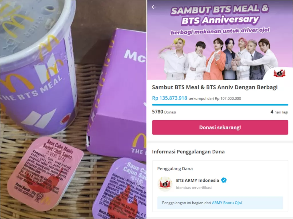 Gelas dan bungkus makanan berdesain khusus logo BTS dan McD untuk BTS Meals. (ANTARA/Livia Kristianti) Donasi Promo BTS Meal McD. (photo/dok.Kitabisa)