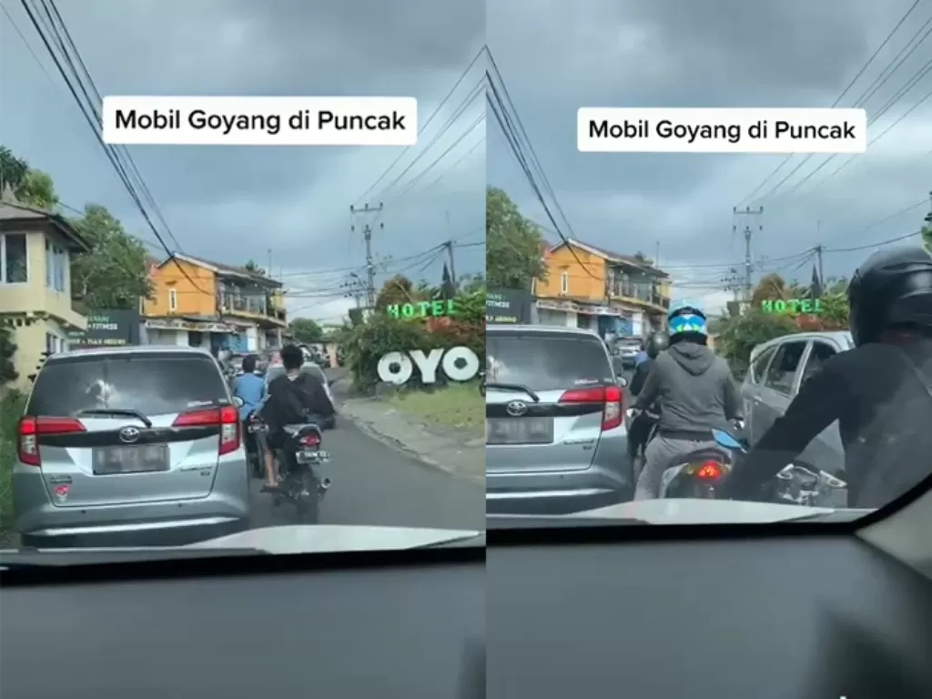 Tangkapan layar mobil goyang saat sedang macet ke arah Puncak, Bogor. (TikTok/@gatauahmalasgue)