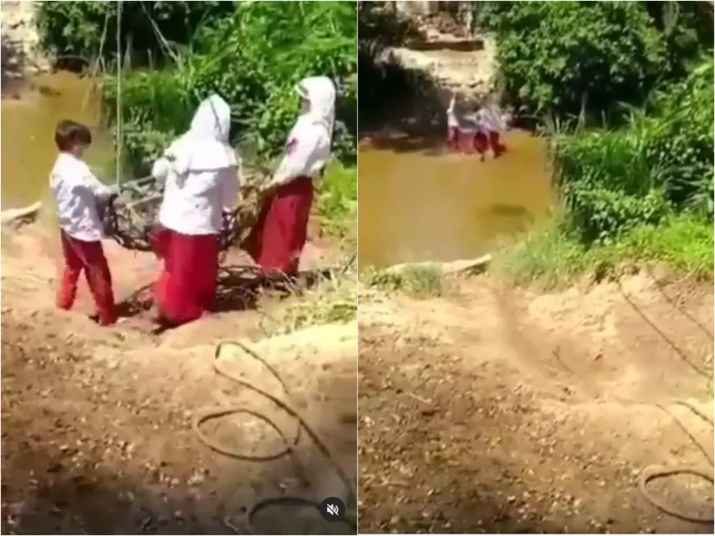 Cuplikan video anak SD yang sebrangi sungai untuk pergi ke sekolah. (photo/Instagram)
